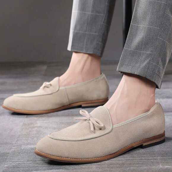 Santimon Men's US 7 - 12.5 Beige Casual Bow Loafers Flats Slip On Casual Shoes - Picture 1 of 12